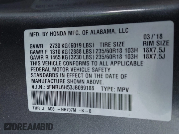 2018 Honda Odyssey EX with VIN 5FNRL6H53JB099188, listed as a IAAI auction lot 42239774 with 90,469 mi miles and . Bid and sale history available at DreamBid. Image 9.
