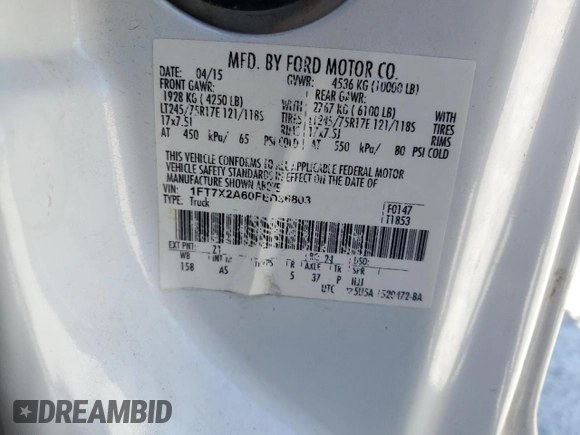 2015 Ford F-250 XLT with VIN 1FT7X2A60FED36803, listed as a Copart auction lot 46367905 with 347,666 mi miles and Salvage title. Bid and sale history available at DreamBid. Image 12.