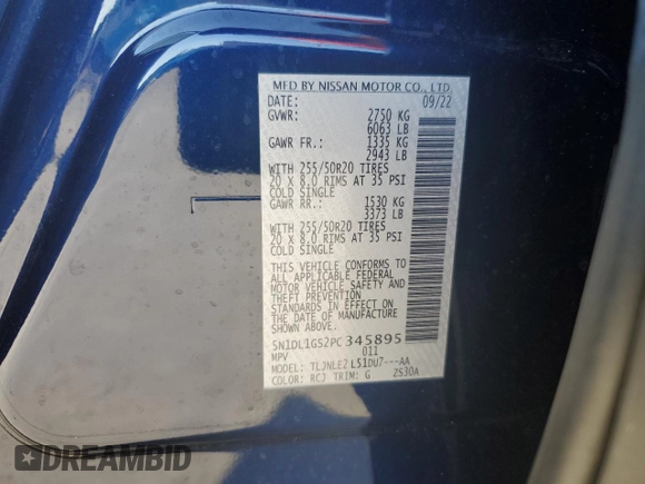 2023 Infiniti QX60 Sensory with VIN 5N1DL1GS2PC345895, listed as a Copart auction lot 53189265 with 25,865 mi miles and Salvage title. Bid and sale history available at DreamBid. Image 14.
