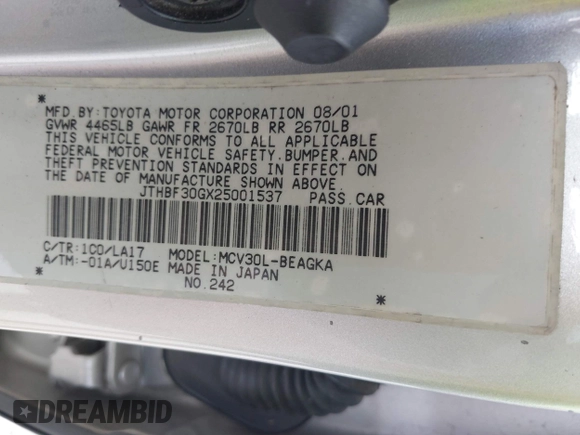 2002 Lexus ES 300 with VIN JTHBF30GX25001537, listed as a IAAI auction lot 42766480 with 110,256 mi miles and . Bid and sale history available at DreamBid. Image 9.