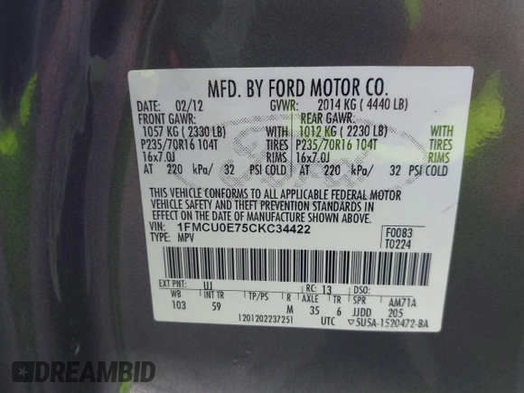 2012 Ford Escape Limited with VIN 1FMCU0E75CKC34422, listed as a IAAI auction lot 42092188 with 195,121 mi miles and . Bid and sale history available at DreamBid. Image 9.