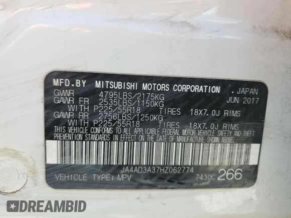 2017 Mitsubishi Outlander SE with VIN JA4AD3A37HZ062774, listed as a Copart auction lot 56400785 with 85,872 mi miles and Salvage title. Bid and sale history available at DreamBid. Image 13.