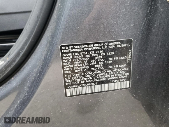 2021 Volkswagen Atlas SE with VIN 1V2MR2CA2MC585075, listed as a Copart auction lot 88780635 with 57,403 mi miles and Salvage title. Bid and sale history available at DreamBid. Image 14.