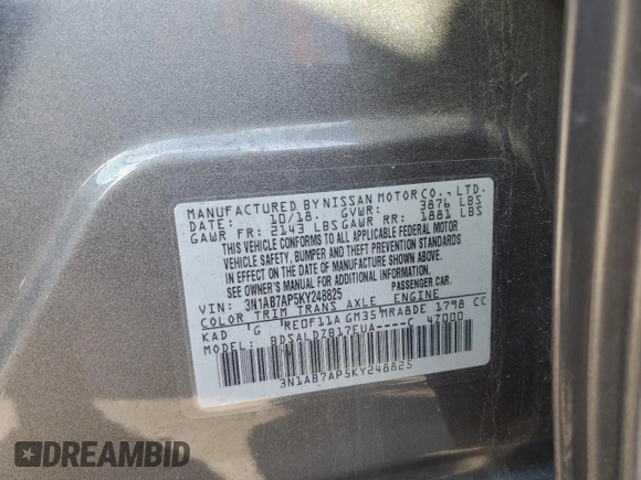2019 Nissan Sentra S with VIN 3N1AB7AP5KY248825, listed as a Copart auction lot 46333375 with 38,312 mi miles and Salvage Title. Bid and sale history available at carsss.com. Image 12.