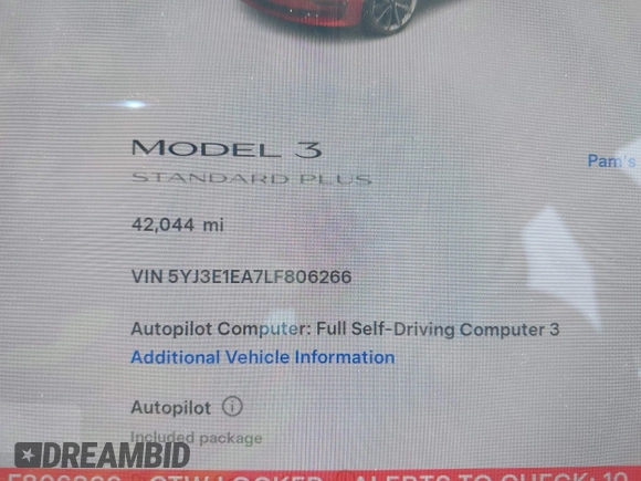 2020 Tesla Model 3 Standard Range Plus z VIN 5YJ3E1EA7LF806266, wystawiony jako IAAI lot #42242694 z przebiegiem 42 044 mil mil oraz . Historia ofert i sprzedaży dostępna na DreamBid. Obrazek 7.