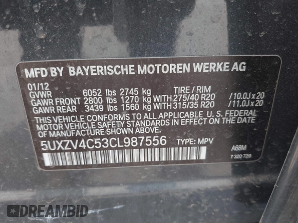 2012 BMW X5 35i z VIN 5UXZV4C53CL987556, wystawiony jako IAAI lot #42297756 z przebiegiem 190 922 mil mil oraz . Historia ofert i sprzedaży dostępna na DreamBid. Obrazek 9.