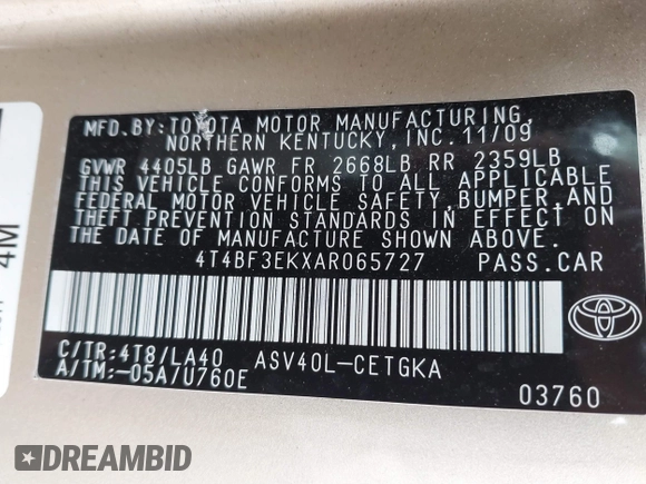 2010 Toyota Camry with VIN 4T4BF3EKXAR065727, listed as a IAAI auction lot 41855251 with 127,242 mi miles and . Bid and sale history available at DreamBid. Image 9.