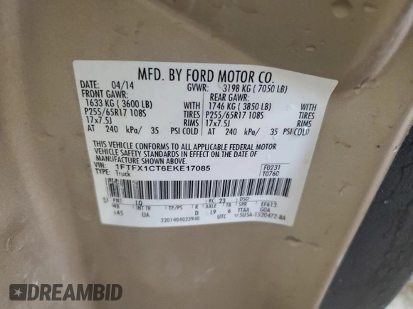 2014 Ford F-150 XL with VIN 1FTFX1CT6EKE17085, listed as a Copart auction lot 86287354 with 144,560 mi miles and Clean Title. Bid and sale history available at carsss.com. Image 13.