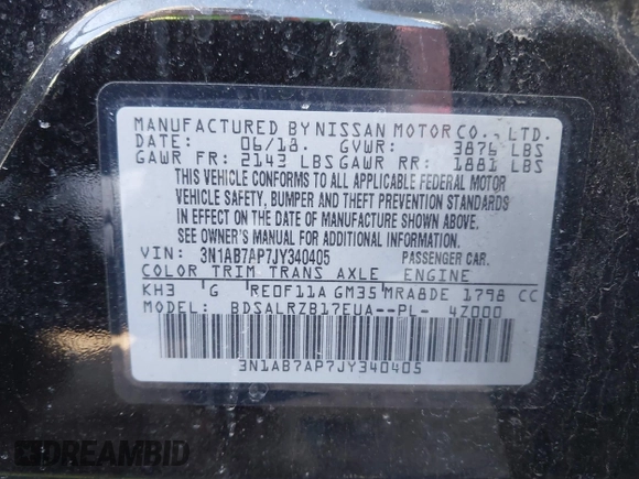2018 Nissan Sentra S with VIN 3N1AB7AP7JY340405, listed as a IAAI auction lot 41795471 with 96,405 mi miles and . Bid and sale history available at DreamBid. Image 9.