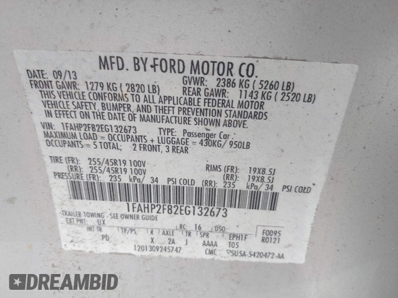 2014 Ford Taurus Limited with VIN 1FAHP2F82EG132673, listed as a IAAI auction lot 42669016 with 125,567 mi miles and . Bid and sale history available at DreamBid. Image 9.