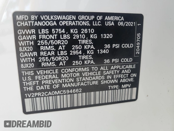 2021 Volkswagen Atlas SE с VIN 1V2PR2CA0MC594662, выставлен на аукционе Copart как лот 44534395 с пробегом Не указан миль и На запчасти • Non repairable. История ставок и продаж доступна на DreamBid. Изображение 13.