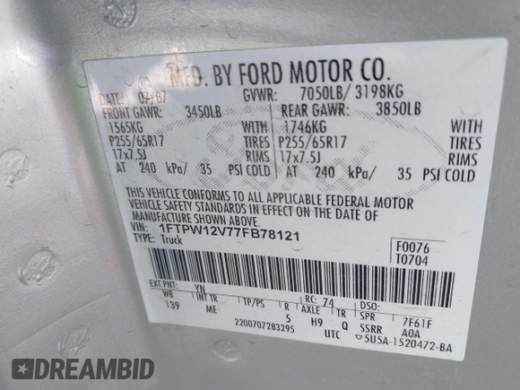 2007 Ford F-150 XLT with VIN 1FTPW12V77FB78121, listed as a IAAI auction lot 42300080 with 203,990 mi miles and . Bid and sale history available at DreamBid. Image 9.