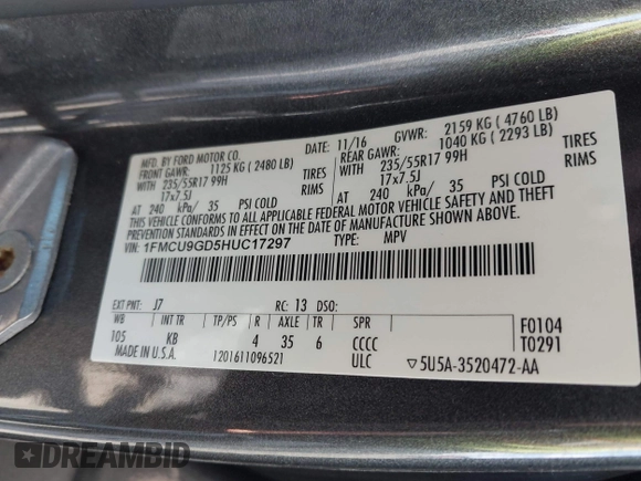 2017 Ford Escape SE with VIN 1FMCU9GD5HUC17297, listed as a IAAI auction lot 41880013 with 57,737 mi miles and . Bid and sale history available at DreamBid. Image 9.