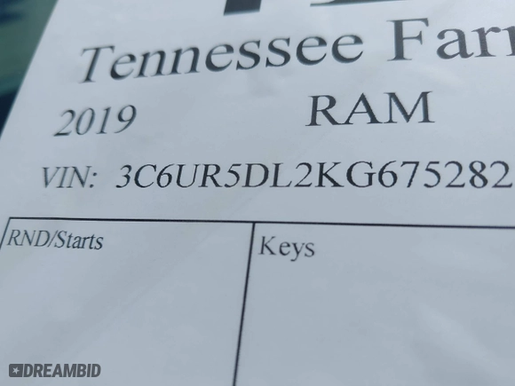 2019 Ram 2500 Big Horn with VIN 3C6UR5DL2KG675282, listed as a IAAI auction lot 41729803 with 88,084 mi miles. Bid and sale history available at carsss.com. Image 9.