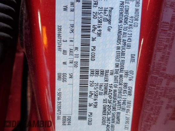 2016 Ford Focus SE with VIN 1FADP3F20GL367406, listed as a Copart auction lot 65266585 with 47,546 mi miles and Salvage title. Bid and sale history available at DreamBid. Image 12.
