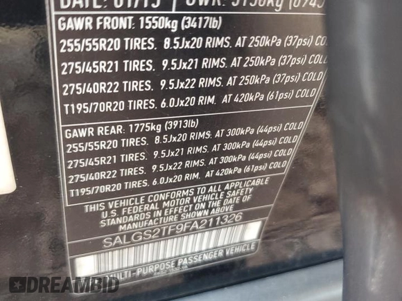 2015 Land Rover Range Rover Supercharged with VIN SALGS2TF9FA211326, listed as a Copart auction lot 59678755 with 97,466 mi miles and Salvage title. Bid and sale history available at DreamBid. Image 13.