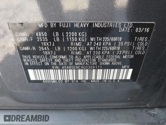 2016 Subaru Outback Limited с VIN 4S4BSENC4G3309171, выставлен на аукционе IAAI как лот 42151793 с пробегом 51 799 миль миль и . История ставок и продаж доступна на DreamBid. Изображение 9.