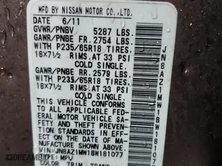 2011 Nissan Murano S with VIN JN8AZ1MW1BW181077, listed as a Copart auction lot 81080594 with 201,653 mi miles and Salvage Title. Bid and sale history available at carsss.com. Image 13.