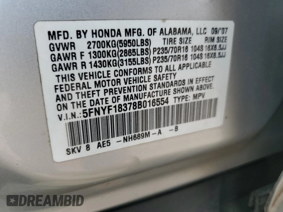 2008 Honda Pilot SE with VIN 5FNYF18378B016554, listed as a Copart auction lot 60467685 with 209,977 mi miles and Salvage title. Bid and sale history available at DreamBid. Image 14.