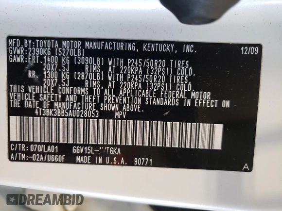 2010 Toyota Venza with VIN 4T3BK3BB5AU028053, listed as a Copart auction lot 52900745 with 121,222 mi miles and Salvage Title. Bid and sale history available at carsss.com. Image 13.