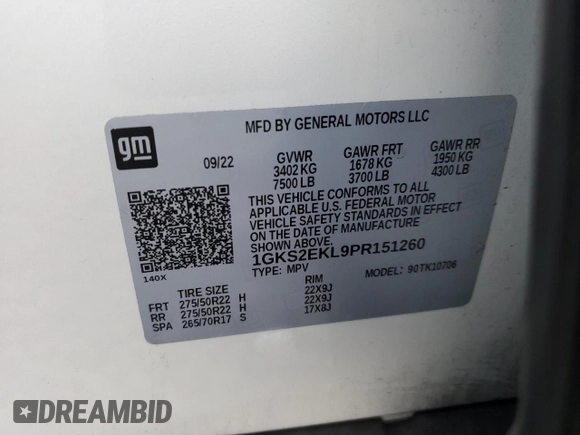 2023 GMC Yukon Denali Ultimate with VIN 1GKS2EKL9PR151260, listed as a Copart auction lot 84556554 with 0 mi miles and Salvage Title. Bid and sale history available at carsss.com. Image 12.