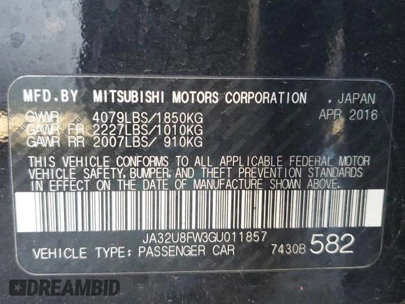 2016 Mitsubishi Lancer GT with VIN JA32U8FW3GU011857, listed as a Copart auction lot 41620635 with 41,765 mi miles and Salvage Title. Bid and sale history available at carsss.com. Image 12.
