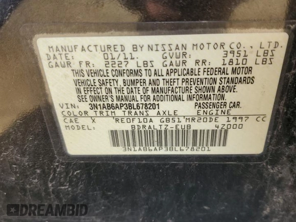 2011 Nissan Sentra SL with VIN 3N1AB6AP3BL678201, listed as a Copart auction lot 88782085 with Not Provided miles and Salvage Title. Bid and sale history available at DreamBid. Image 12.