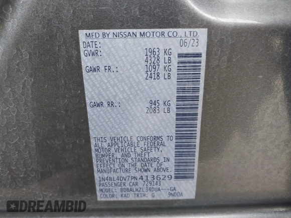 2023 Nissan Altima SV z VIN 1N4BL4DV7PN413629, wystawiony jako IAAI lot #42034442 z przebiegiem 15 421 mil mil oraz . Historia ofert i sprzedaży dostępna na DreamBid. Obrazek 9.