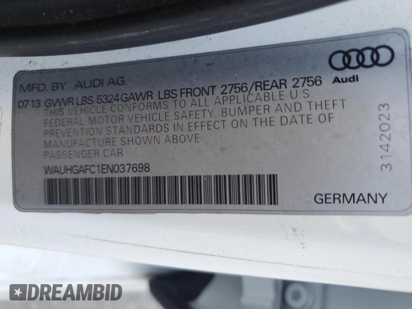 2014 Audi A6 3.0T Prestige with VIN WAUHGAFC1EN037698, listed as a Copart auction lot 45731955 with 128,050 mi miles and Clean Title. Bid and sale history available at carsss.com. Image 13.