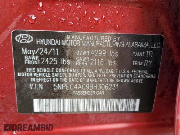 2011 Hyundai Sonata Limited with VIN 5NPEC4AC9BH306231, listed as a Copart auction lot 89102745 with 98,202 mi miles and Salvage Title. Bid and sale history available at DreamBid. Image 12.