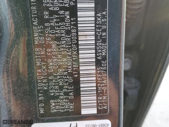 2015 Toyota Camry XLE with VIN 4T1BF1FK0FU098711, listed as a Copart auction lot 48795085 with 138,747 mi miles and Salvage Title. Bid and sale history available at carsss.com. Image 12.