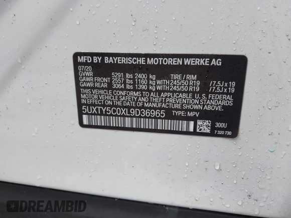 2020 BMW X3 xDrive30i with VIN 5UXTY5C0XL9D36965, listed as a IAAI auction lot 41578019 with Not Provided miles and . Bid and sale history available at DreamBid. Image 9.