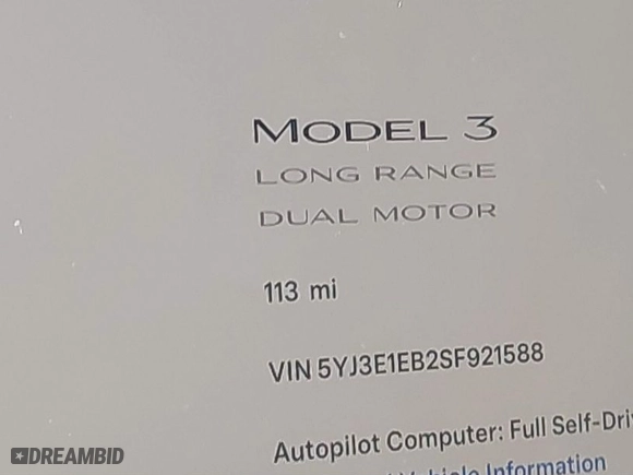 2025 Tesla Model 3 Long Range with VIN 5YJ3E1EB2SF921588, listed as a IAAI auction lot 41609999 with 113 mi miles. Bid and sale history available at carsss.com. Image 16.