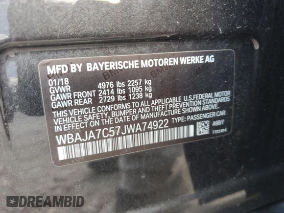 2018 BMW 5 Series 530i xDrive with VIN WBAJA7C57JWA74922, listed as a Copart auction lot 53491435 with 115,548 mi miles and Clean Title. Bid and sale history available at carsss.com. Image 12.