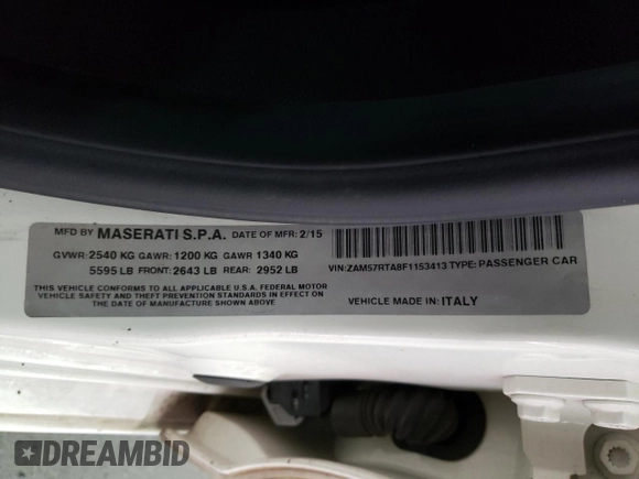 2015 Maserati Ghibli S Q4 with VIN ZAM57RTA8F1153413, listed as a Copart auction lot 42152062 with 54,884 mi miles. Bid and sale history available at carsss.com. Image 10.