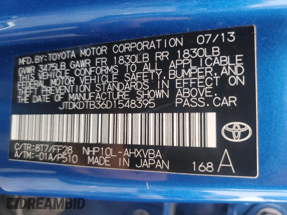 2013 Toyota Prius One with VIN JTDKDTB36D1548395, listed as a Copart auction lot 54456315 with 135,744 mi miles and Salvage Title. Bid and sale history available at carsss.com. Image 12.