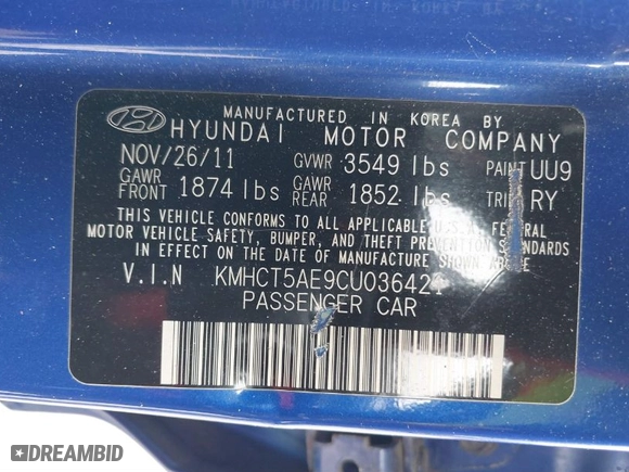 2012 Hyundai Accent GS with VIN KMHCT5AE9CU036421, listed as a IAAI auction lot 40410679 with 99,288 mi miles. Bid and sale history available at carsss.com. Image 9.