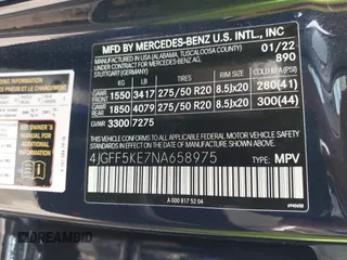 2022 Mercedes-Benz GLS 450 with VIN 4JGFF5KE7NA658975, listed as a IAAI auction lot 42439664 with 52,431 mi miles and . Bid and sale history available at DreamBid. Image 9.