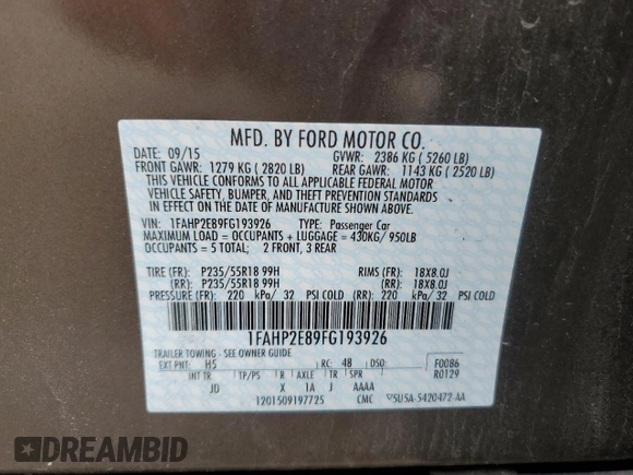 2015 Ford Taurus SEL with VIN 1FAHP2E89FG193926, listed as a Copart auction lot 61036375 with 23,963 mi miles and Salvage title. Bid and sale history available at DreamBid. Image 12.