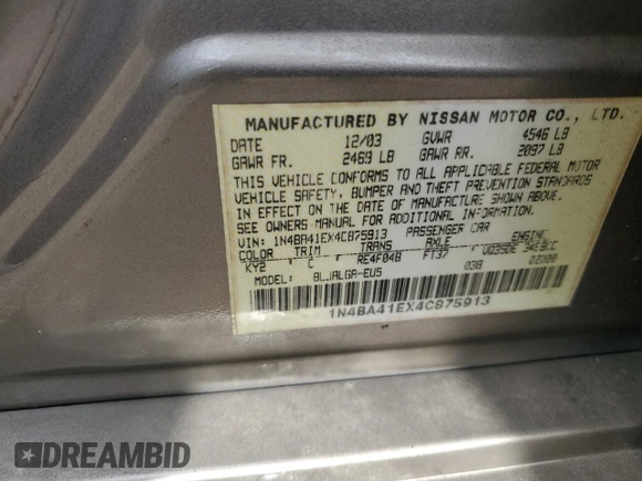 2004 Nissan Maxima SL with VIN 1N4BA41EX4C875913, listed as a Copart auction lot 72404694 with 160,949 mi miles and Salvage Title. Bid and sale history available at carsss.com. Image 14.