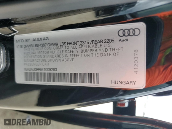 2019 Audi A3 Sedan Premium with VIN WAUAUGFF5K1009283, listed as a Copart auction lot 59403494 with 19,749 mi miles and Salvage Title. Bid and sale history available at carsss.com. Image 13.