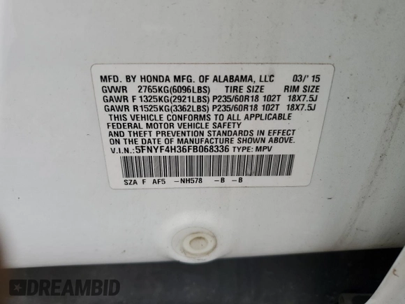 2015 Honda Pilot SE with VIN 5FNYF4H36FB068336, listed as a Copart auction lot 54321935 with 127,946 mi miles and Salvage Title. Bid and sale history available at DreamBid. Image 13.