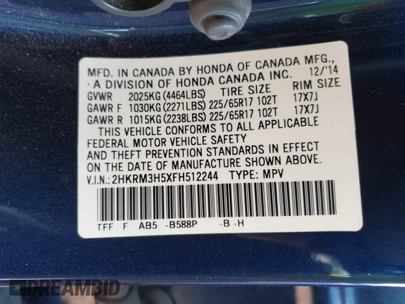 2015 Honda CR-V EX with VIN 2HKRM3H5XFH512244, listed as a IAAI auction lot 41950357 with 124,005 mi miles and . Bid and sale history available at carsss.com. Image 9.