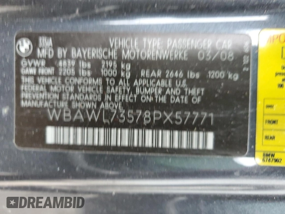 2008 BMW 3 Series 335i with VIN WBAWL73578PX57771, listed as a Copart auction lot 44112565 with Not Provided miles and Salvage Title. Bid and sale history available at carsss.com. Image 13.
