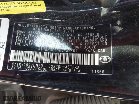 2011 Toyota Avalon with VIN 4T1BK3DB1BU435861, listed as a IAAI auction lot 41341997 with 194,943 mi miles and . Bid and sale history available at DreamBid. Image 9.