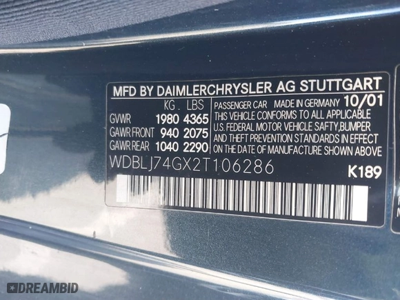 2002 Mercedes-Benz CLK-Class AMG with VIN WDBLJ74GX2T106286, listed as a IAAI auction lot 41737170 with 136,170 mi miles. Bid and sale history available at carsss.com. Image 9.