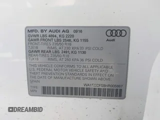 2017 Audi Q3 Premium with VIN WA1ECCFS9HR005867, listed as a IAAI auction lot 42144051 with 87,552 mi miles and . Bid and sale history available at DreamBid. Image 9.