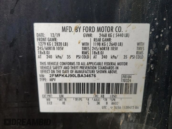 2020 Ford Edge SEL с VIN 2FMPK4J90LBA34676, выставлен на аукционе Copart как лот 55577665 с пробегом 113 214 миль миль и Списание • Salvage title. История ставок и продаж доступна на DreamBid. Изображение 13.