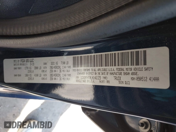 2020 Ram 1500 Limited with VIN 1C6SRFHT0LN146123, listed as a IAAI auction lot 41407810 with 117,206 mi miles and . Bid and sale history available at DreamBid. Image 9.
