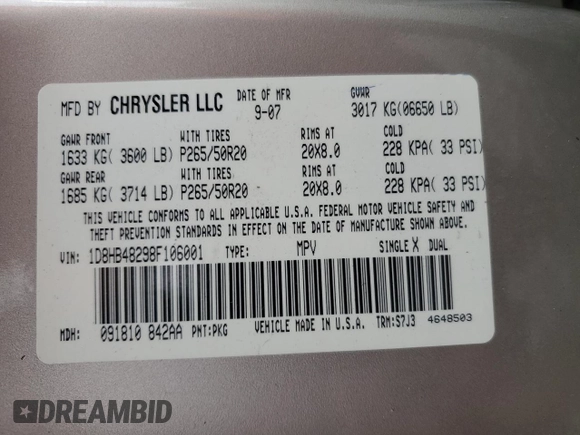 2008 Dodge Durango SLT z VIN 1D8HB48298F106001, wystawiony jako Copart lot #41502945 z przebiegiem 147 870 mil mil oraz Szkoda całkowita • Salvage title. Historia ofert i sprzedaży dostępna na DreamBid. Obrazek 13.